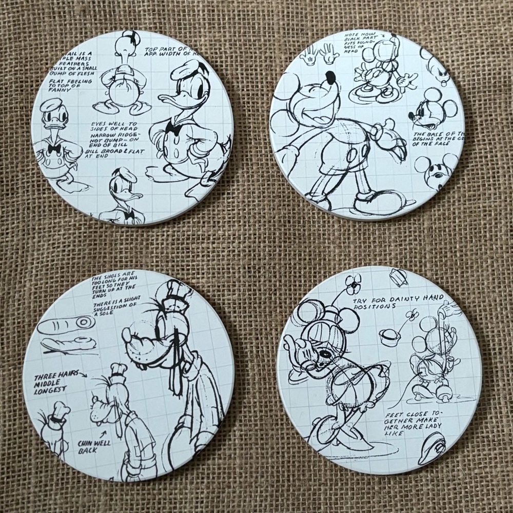 Disney Sketchbook Coasters Set Of 4 Mickey Minnie Mouse Donald Duck Goofy Retro